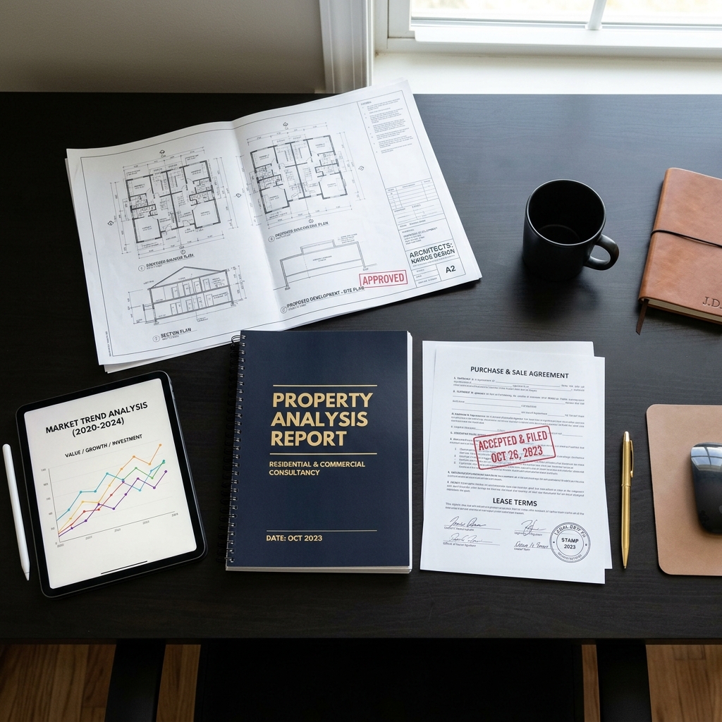 SDR analyst printing a property research report binder